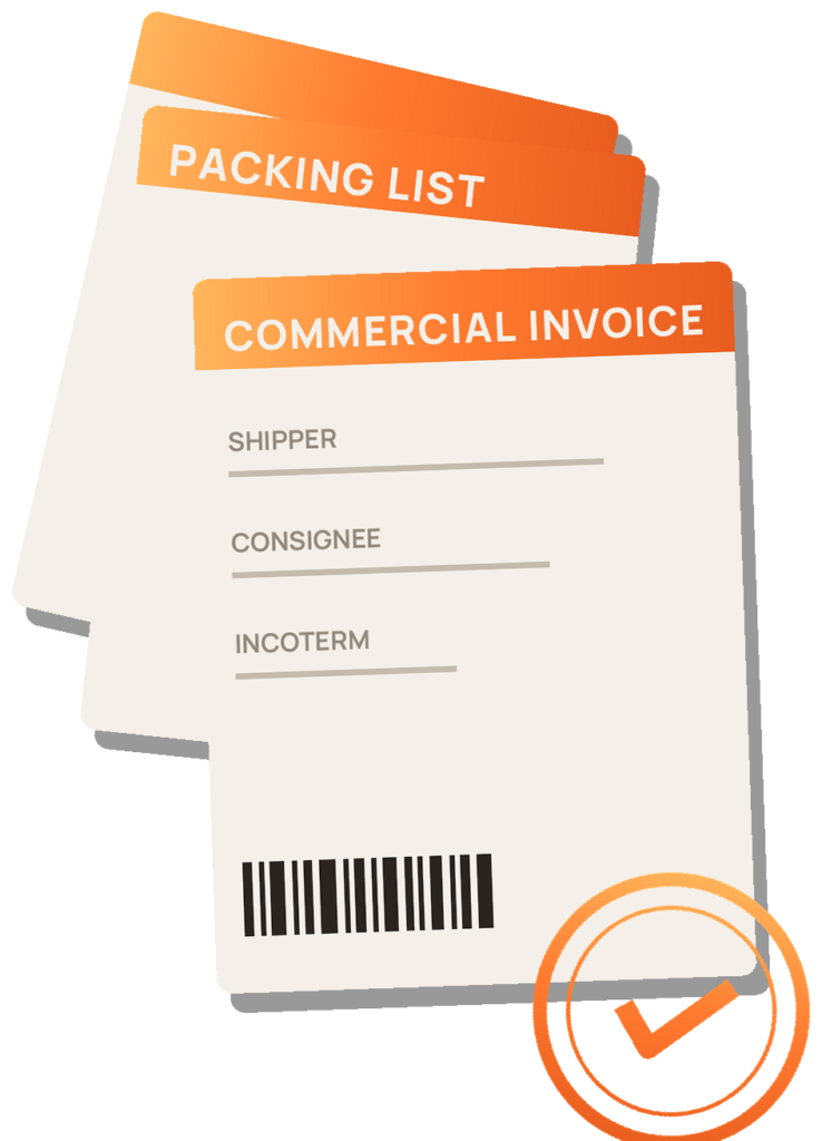 A stack of export documents — commercial invoice and packing list — marked as cleared